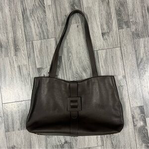 Rare! Vintage Delvaux Brown leather large tote bag gold‎ buckle shoulder purse